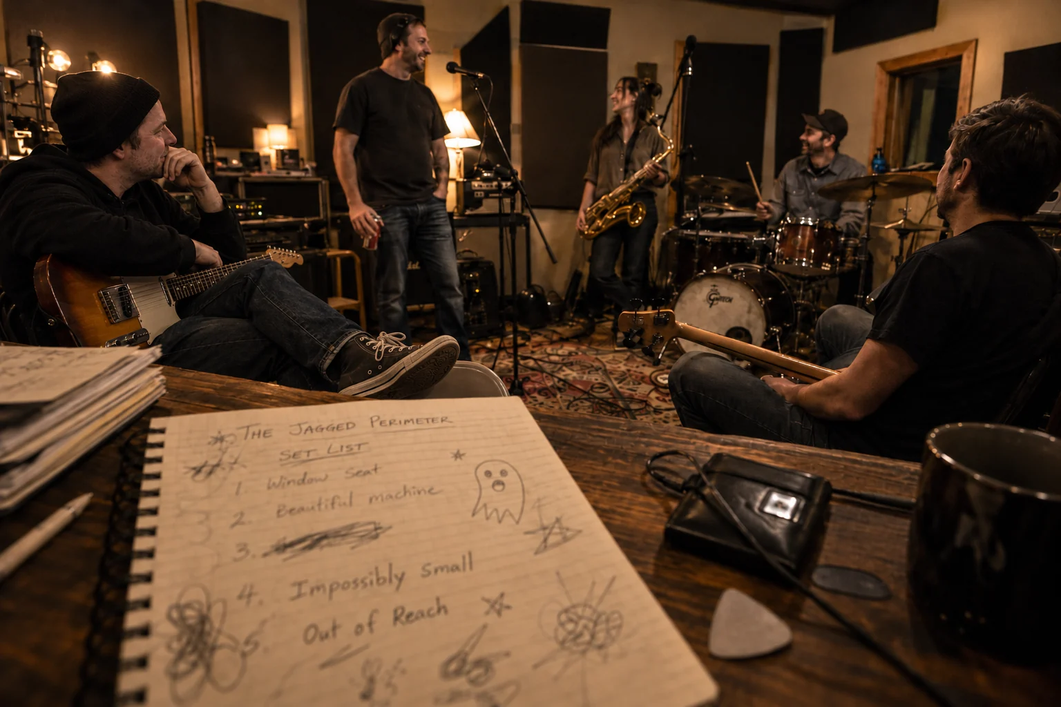 A candid rehearsal room scene with musicians gathered around instruments